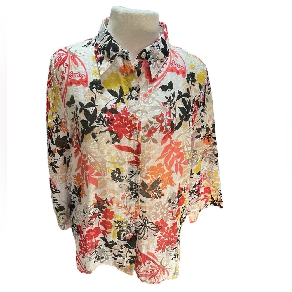 Alfred Dunner Floral Semi Sheer Blouse Button Up Top 3/4 Sleeve Size 14P